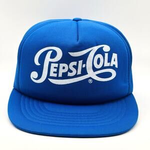 True Vintage 80s Pepsi Cola Trucker SnapBack Hat Blue Script Full Foam Insulated